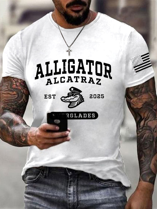 Los hombres de Alcatraz Cocodrilo Retro Divertido Florida Everglades Humor Oscuro Camiseta Manga Corta