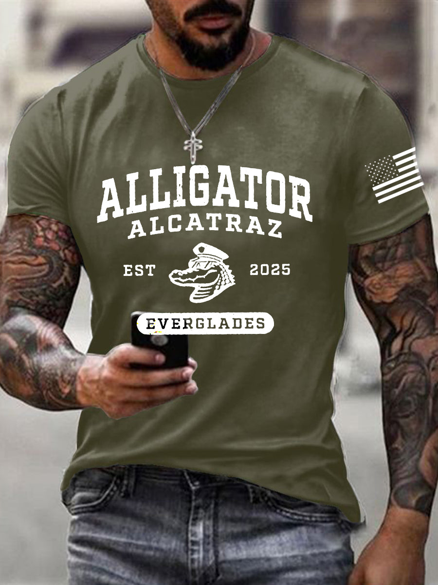 Los hombres de Alcatraz Cocodrilo Retro Divertido Florida Everglades Humor Oscuro Camiseta Manga Corta