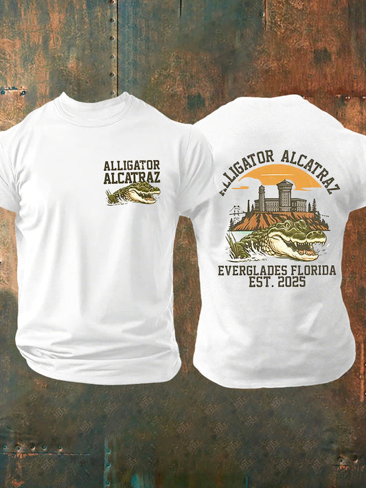 Los hombres de Alcatraz Cocodrilo Retro Divertido Florida Everglades Humor Oscuro Camiseta Manga Corta
