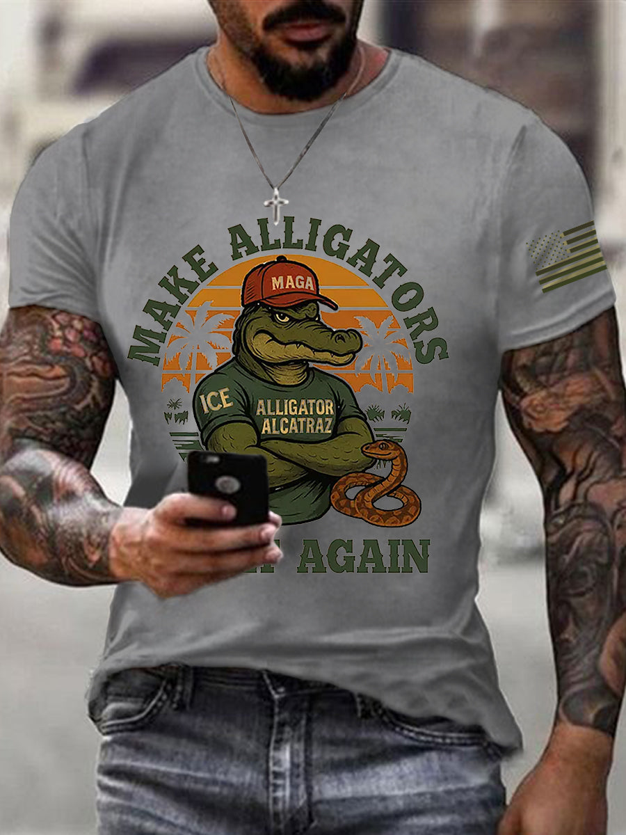 Los hombres de Alcatraz Cocodrilo Retro Divertido Florida Everglades Humor Oscuro Camiseta Manga Corta