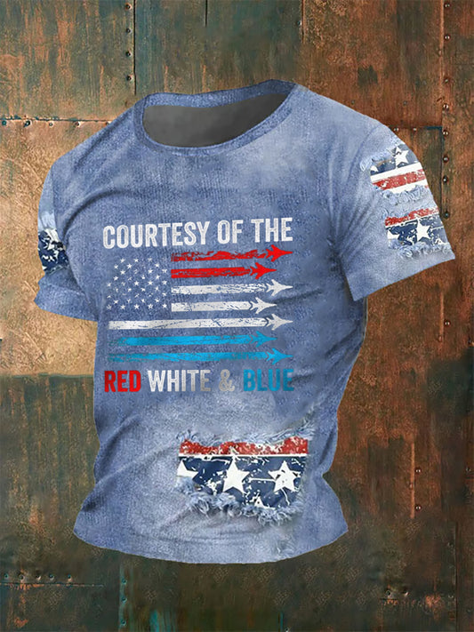 Camiseta Cortesía de los hombres de la manga corta blanca y azul roja