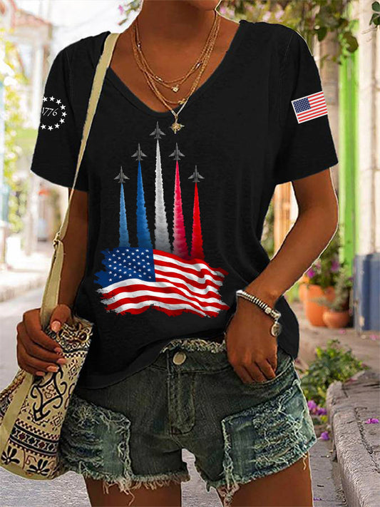 Día de la Independencia de las mujeres American Flag Jet Planes Imprimir Casual V-Neck Tee