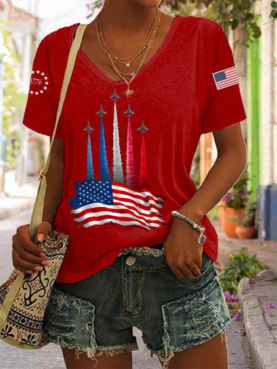Día de la Independencia de las mujeres American Flag Jet Planes Imprimir Casual V-Neck Tee