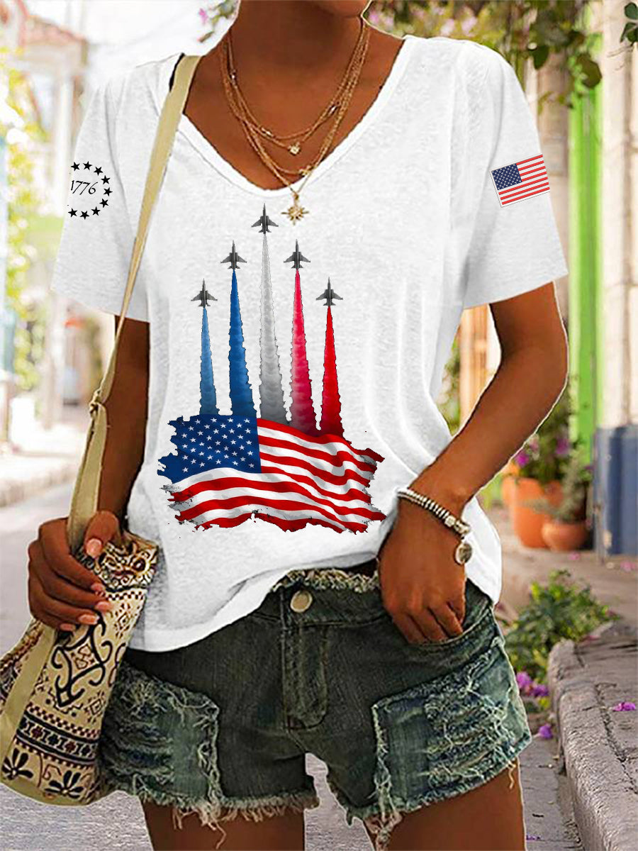 Día de la Independencia de las mujeres American Flag Jet Planes Imprimir Casual V-Neck Tee