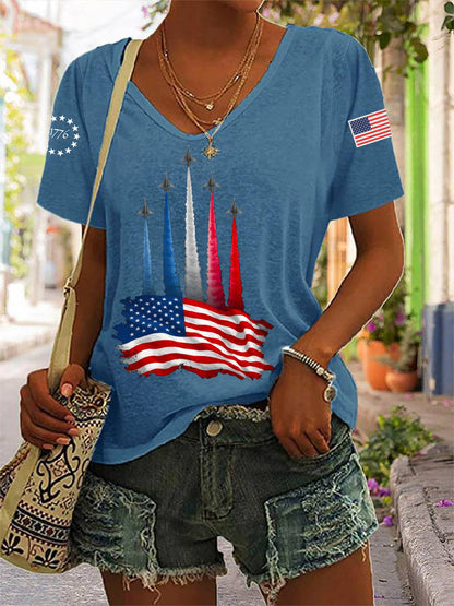 Día de la Independencia de las mujeres American Flag Jet Planes Imprimir Casual V-Neck Tee