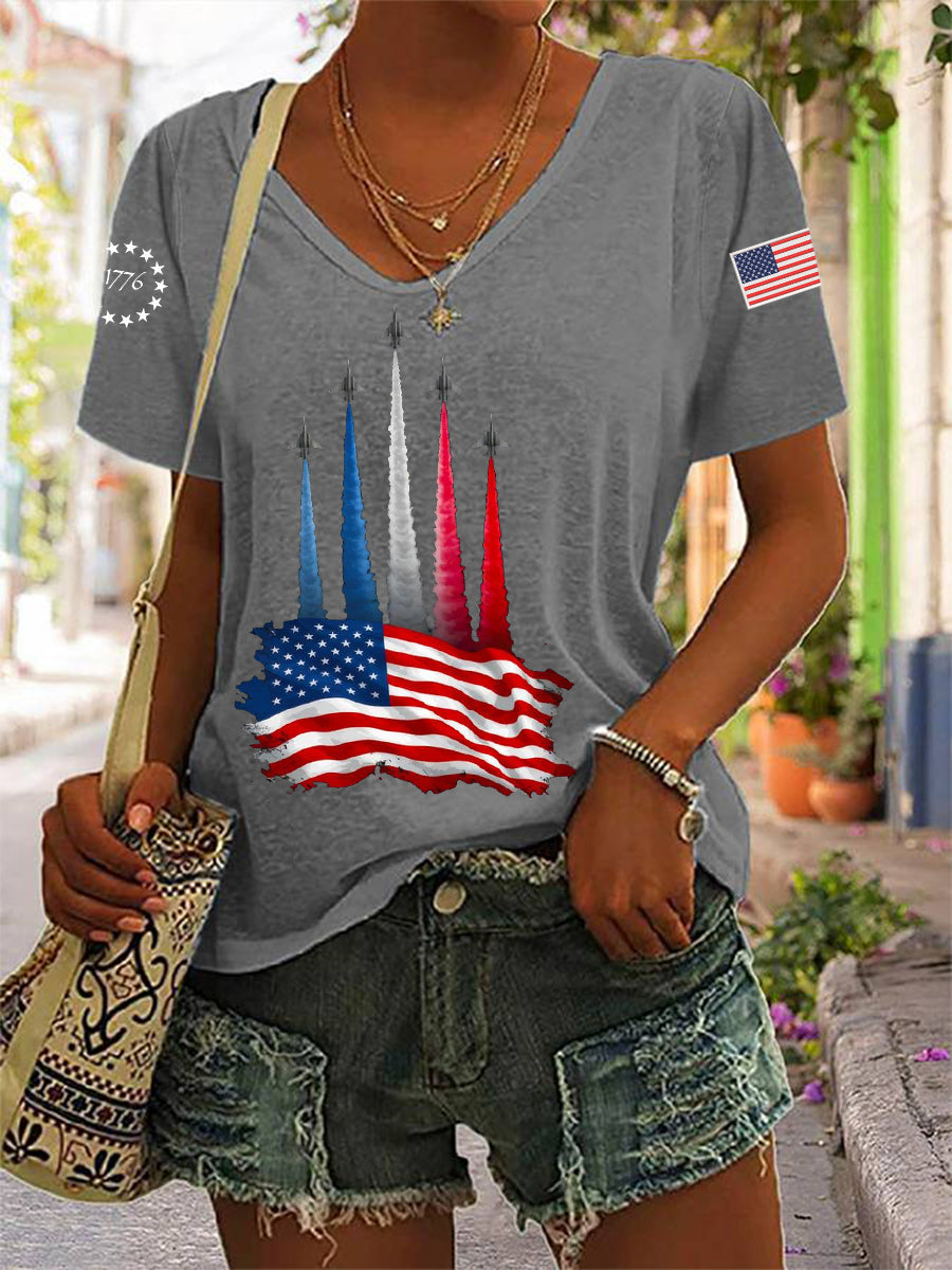 Día de la Independencia de las mujeres American Flag Jet Planes Imprimir Casual V-Neck Tee