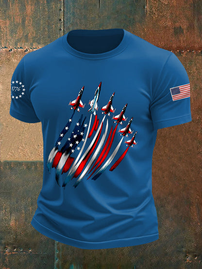 Día de la Independencia de los hombres USA Flag Fighter Jets Print Casual Tee