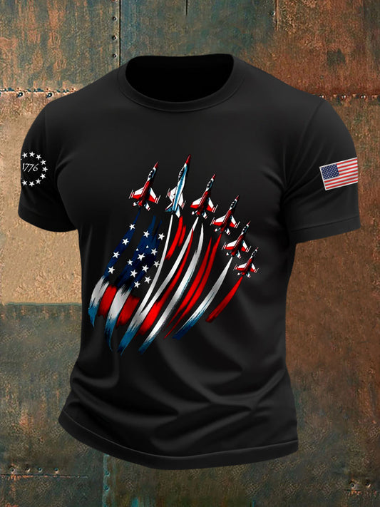 Día de la Independencia de los hombres USA Flag Fighter Jets Print Casual Tee