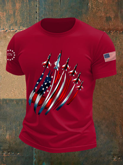 Día de la Independencia de los hombres USA Flag Fighter Jets Print Casual Tee
