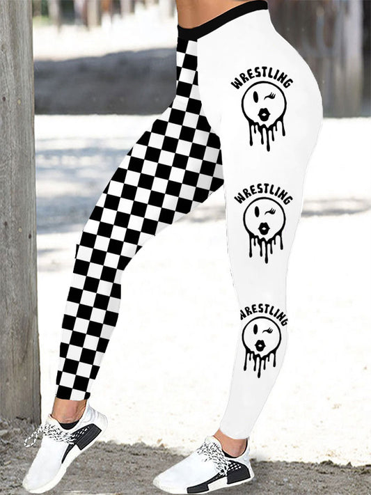Leggings a cuadros blanco y negro de lucha libre para mujer