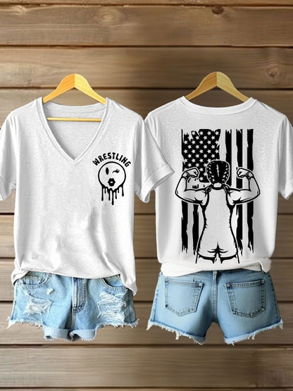 Camisetas con cuello en v de la bandera de la lucha libre de las mujeres