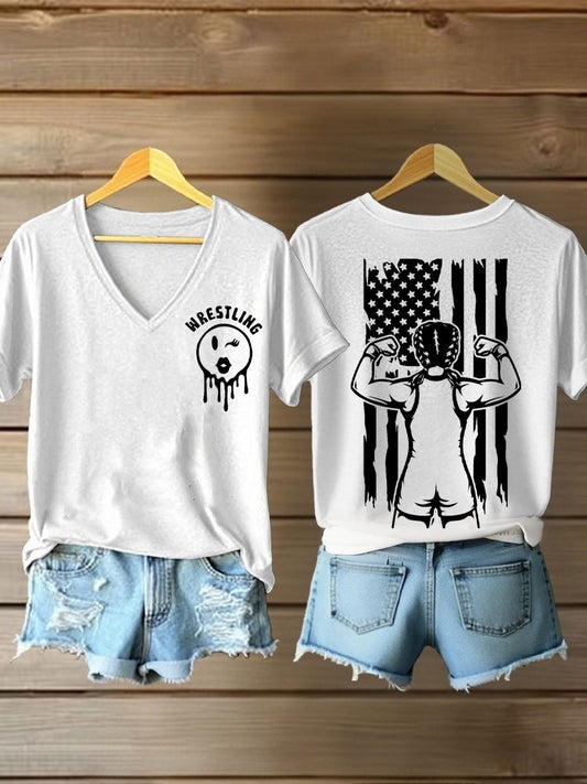 Camisetas con cuello en v de la bandera de la lucha libre de las mujeres