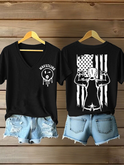 Camisetas con cuello en v de la bandera de la lucha libre de las mujeres