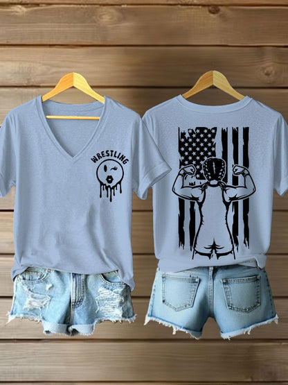 Camisetas con cuello en v de la bandera de la lucha libre de las mujeres