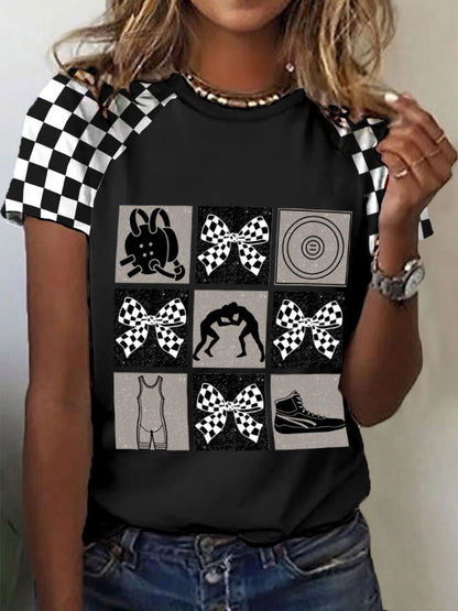 Camisetas de cuadros en blanco y negro de lucha libre para mujer