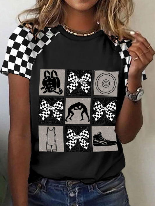 Camisetas de cuadros en blanco y negro de lucha libre para mujer