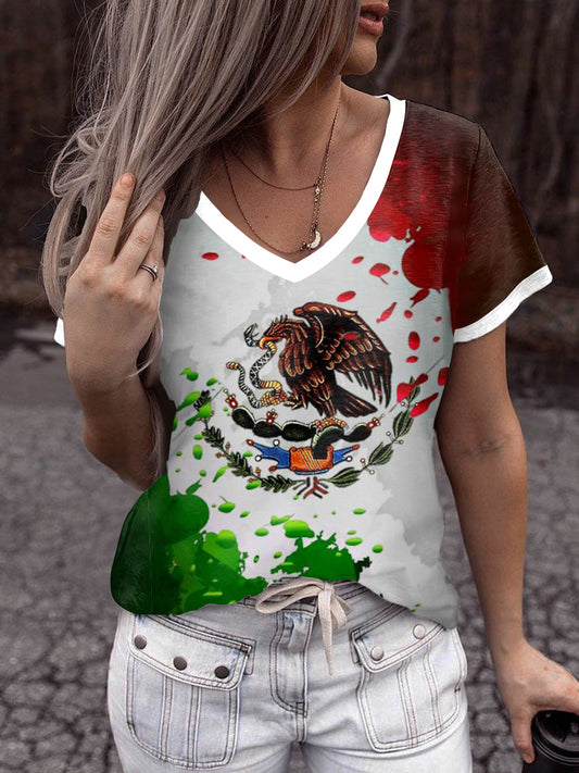 Insignia de las mujeres impresas Vintage moda manga corta con cuello en V camiseta
