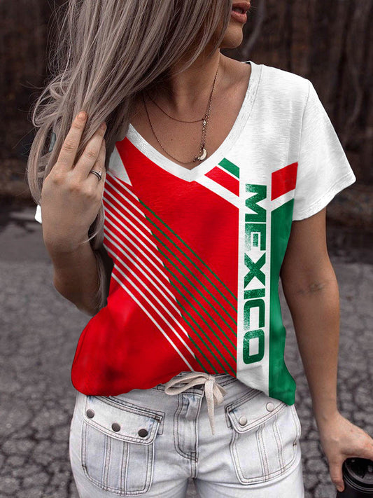 México de las mujeres Impreso Vintage Moda de manga corta con cuello en V Camiseta