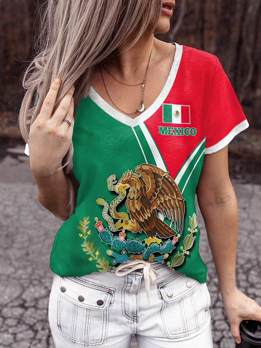 Camiseta de manga corta con cuello en V de moda vintage impresa bandera de México para mujer