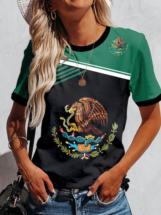 Camiseta de manga corta México Badge Printed Vintage Fashion para mujer