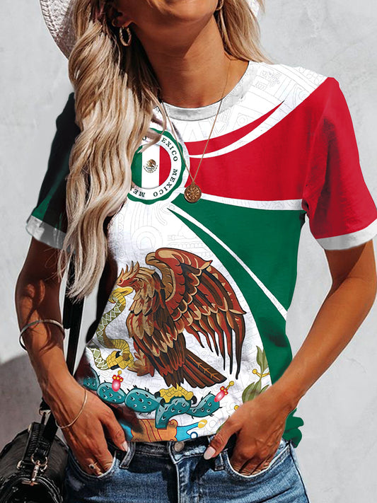 Camiseta de manga corta de moda vintage con estampado de bandera de México para mujer