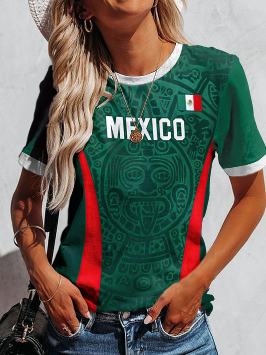 Camiseta de manga corta México Maya Impreso Vintage Fashion para mujer