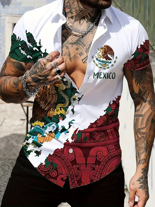 Camisa de manga corta casual del día de la independencia de la bandera mexicana de los hombres