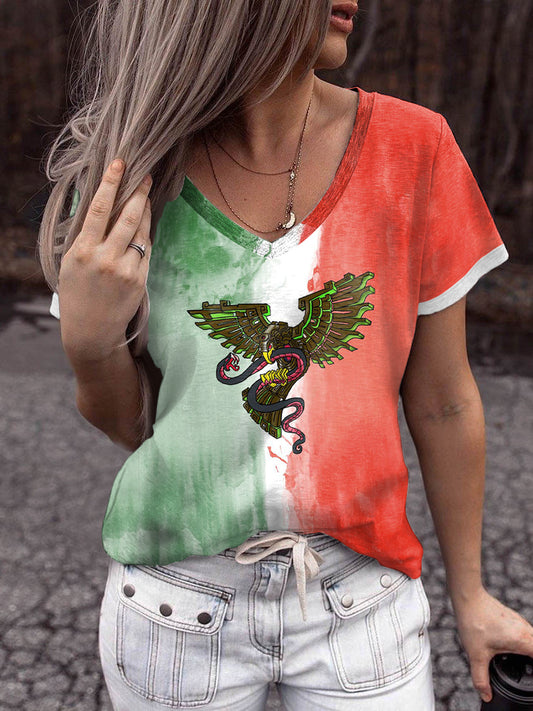 Arte abstracto mexicano de las mujeres Impreso Vintage Moda V-cuello de la camiseta