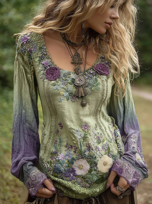 Camisa de lino bordada floral elegante vintage para mujer