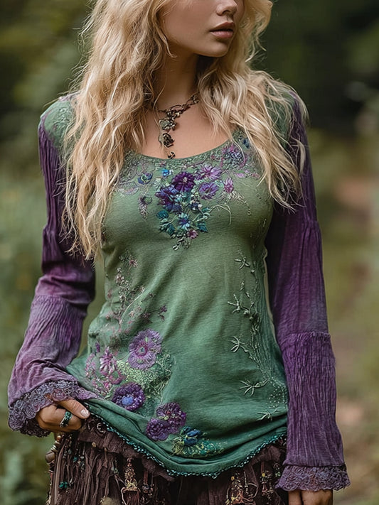 Camisa bordada floral elegante de la vendimia de las mujeres