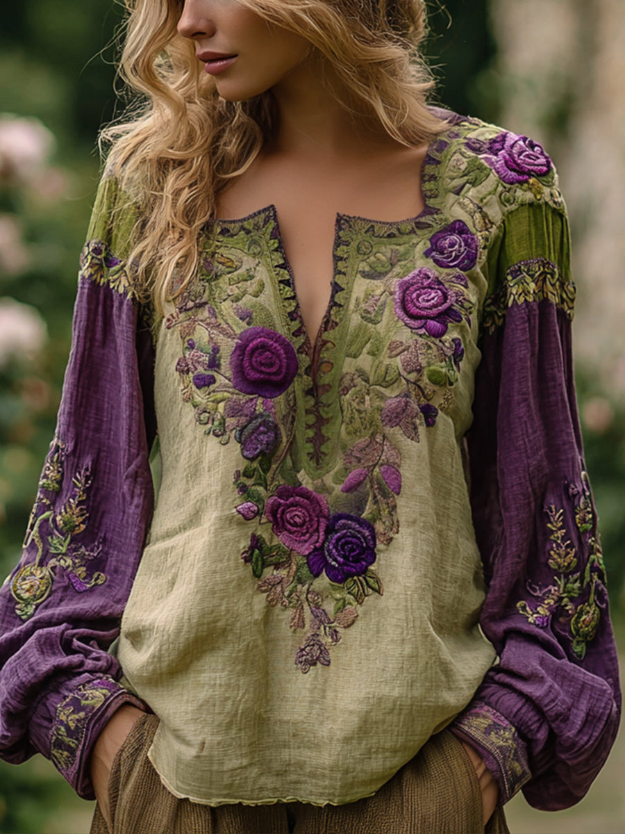 Camisa de lino bordada floral elegante vintage para mujer