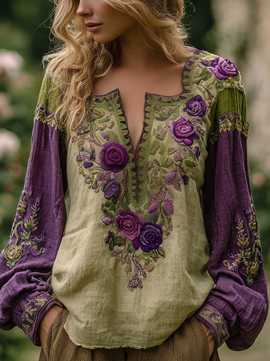 Camisa de lino bordada floral elegante vintage para mujer