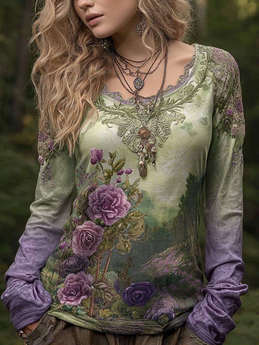 Camisa de lino bordada floral elegante vintage para mujer