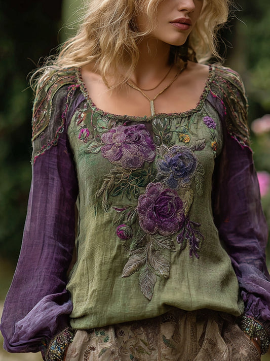 Camisa de lino bordada floral elegante vintage para mujer