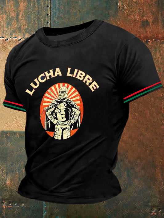 Camiseta de manga corta de moda vintage con estampado de lucha libre para hombre