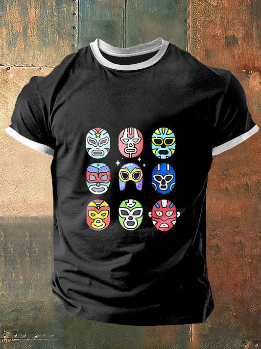 Camiseta de manga corta de moda vintage con estampado de máscara colorida para hombres