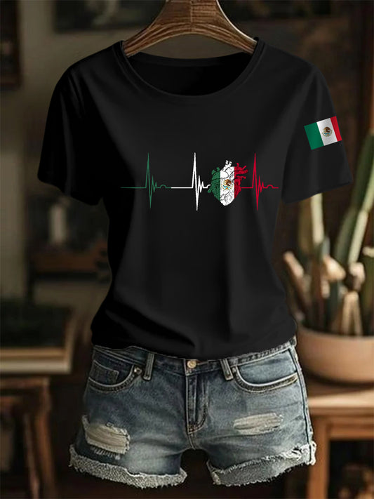 Camiseta casual del día de la independencia mexicana de la impresión del latido del corazón de la bandera mexicana de las mujeres