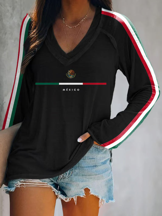 La bandera mexicana de las mujeres imprime la camiseta de manga larga ocasional del día de la independencia mexicana