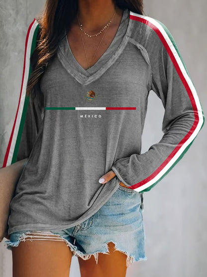 La bandera mexicana de las mujeres imprime la camiseta de manga larga ocasional del día de la independencia mexicana