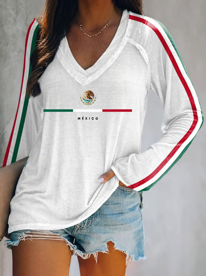La bandera mexicana de las mujeres imprime la camiseta de manga larga ocasional del día de la independencia mexicana