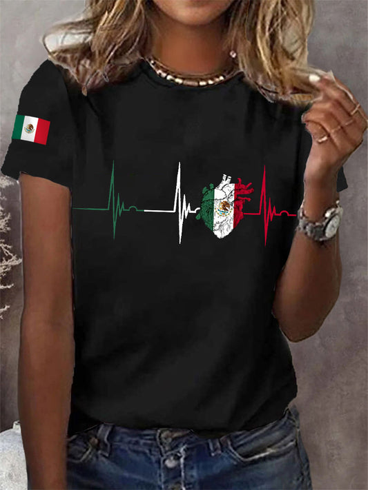Camiseta casual del día de la independencia mexicana de la impresión del latido del corazón de la bandera mexicana de las mujeres