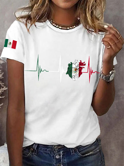 Camiseta casual del día de la independencia mexicana de la impresión del latido del corazón de la bandera mexicana de las mujeres