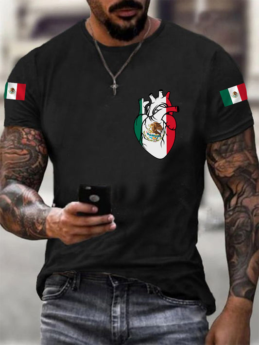 Camiseta casual del día de la independencia mexicana de la impresión del corazón de la bandera mexicana de los hombres