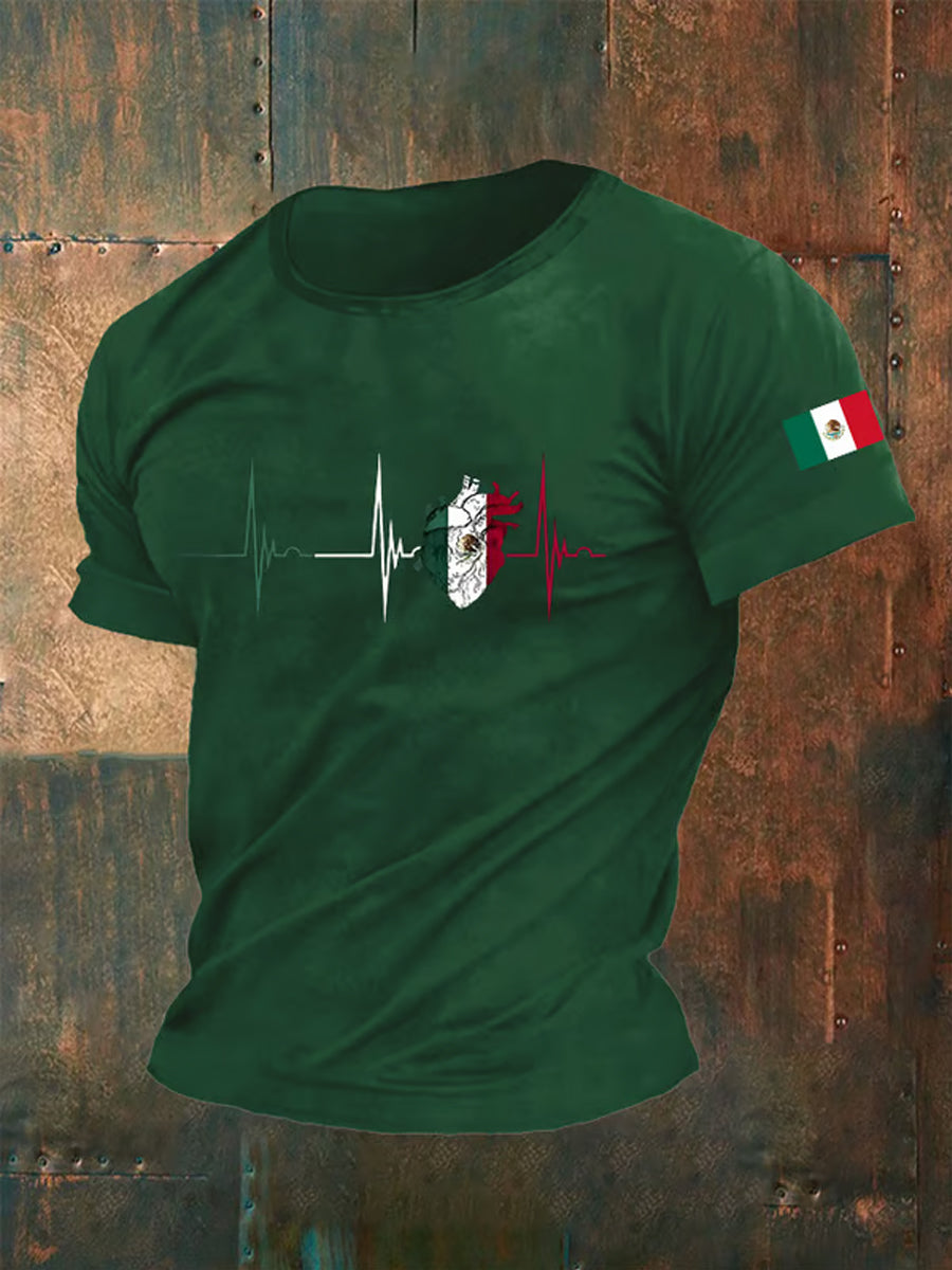 Camiseta casual del día de la independencia mexicana de la impresión del latido del corazón de la bandera de México de los hombres