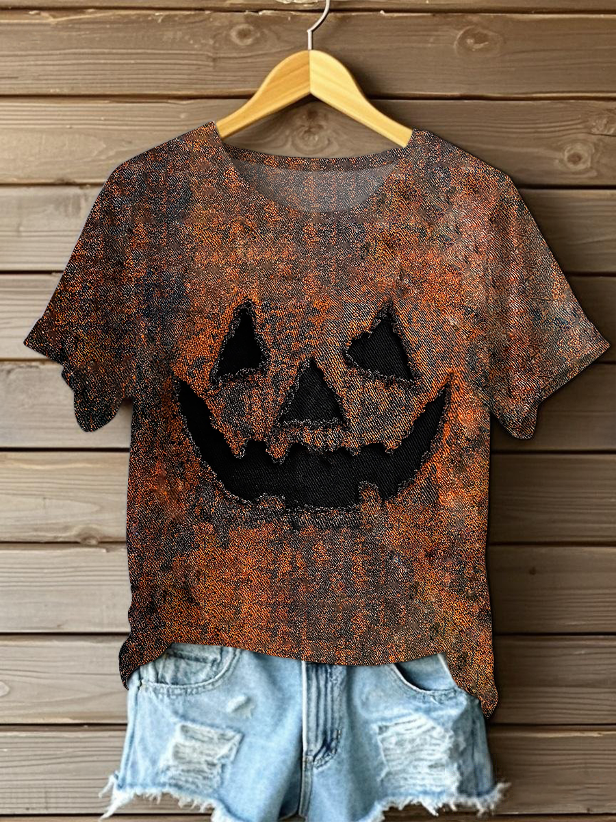 Camiseta casual con estampado de arte de cara de calabaza para mujer