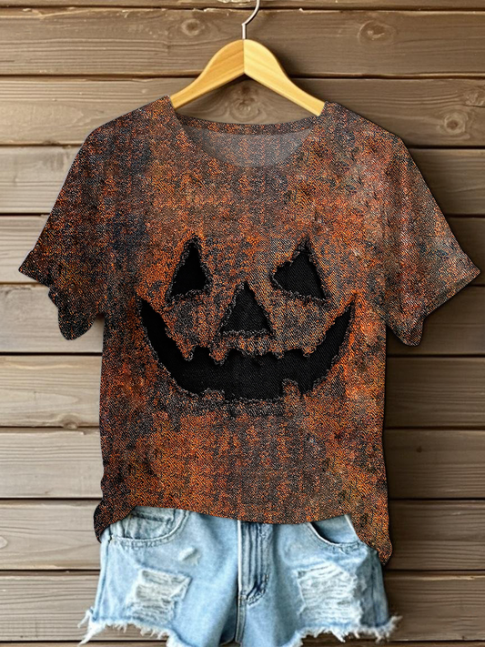 Camiseta casual con estampado de arte de cara de calabaza para mujer