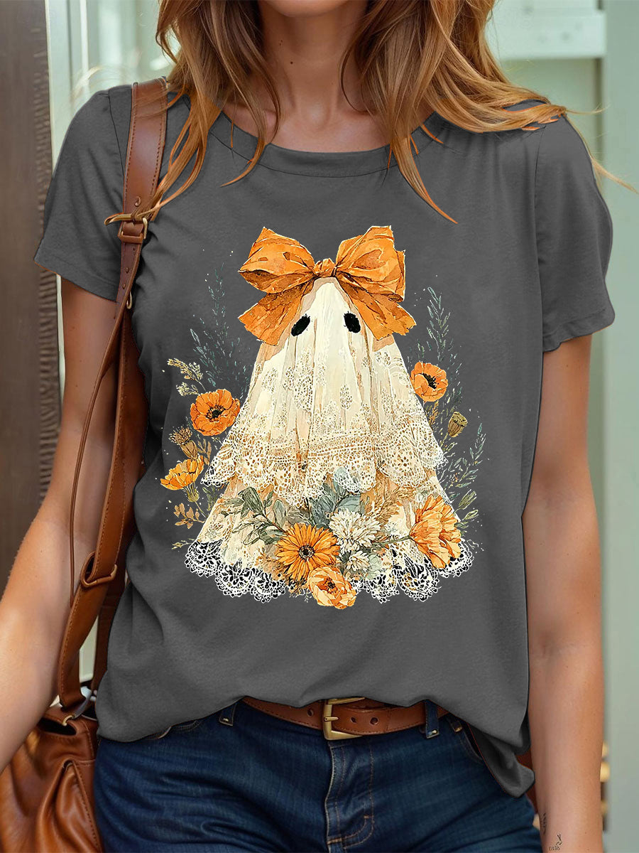 Camiseta con estampado Ghos de encaje lindo de Halloween para mujer