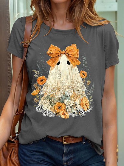 Camiseta con estampado Ghos de encaje lindo de Halloween para mujer