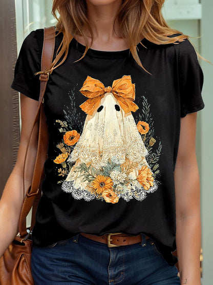 Camiseta con estampado Ghos de encaje lindo de Halloween para mujer