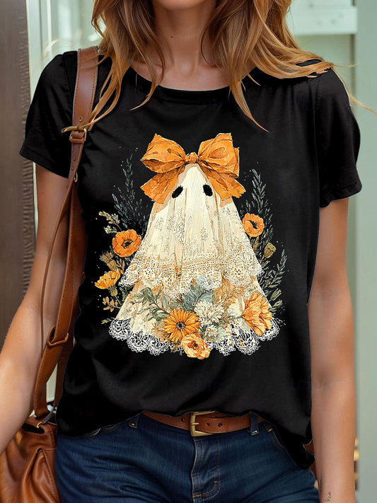 Camiseta con estampado Ghos de encaje lindo de Halloween para mujer